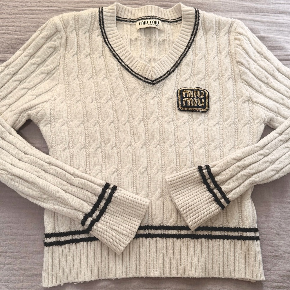 Miu Miu Cream Knit Sweater with Black Trim